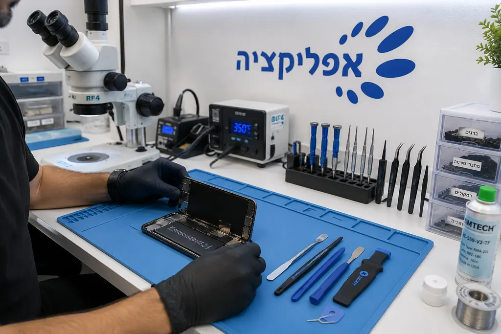 טכנאי מבצע תיקון לוח במיקרוסקופ במעבדת אפליקציה